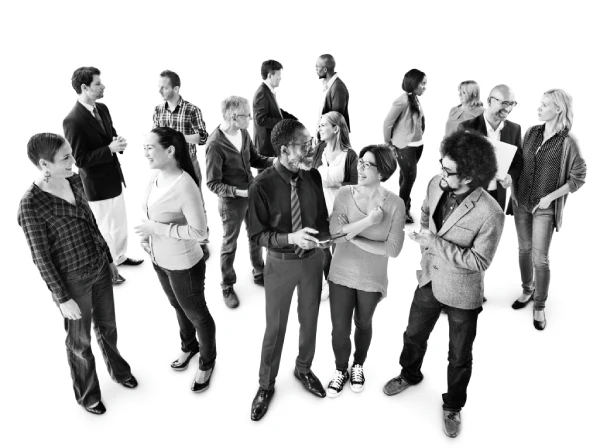 group of multiethnic, happy business people discussing being priority workers
