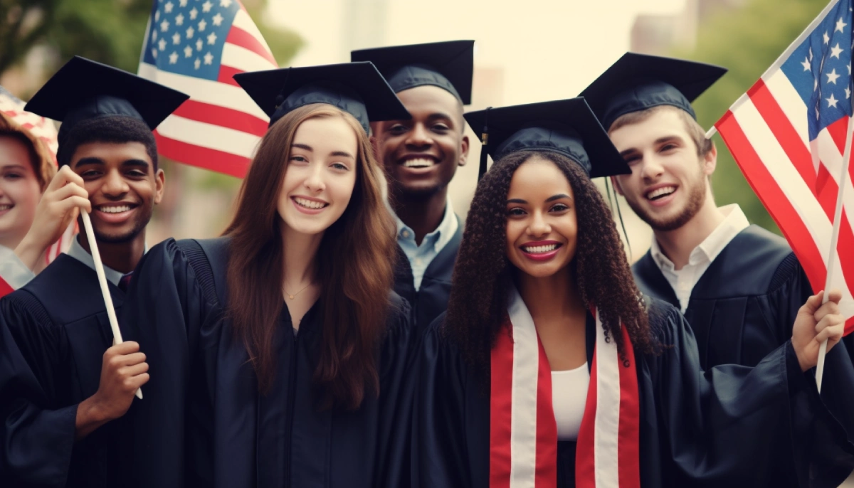Happy international students in the USA under F-1 Visa program wearing graduation caps and waving American flags