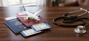A clean 3D illustration of a medical travel concept on a dark polished wooden table. On the left side, two passports (one navy blue, one dark red) are stacked with airline flight tickets sticking out, topped with a small white toy airplane. On the right side, a black medical stethoscope lies curved across the surface. Wide banner aspect ratio (21:9 or 8:3), soft studio lighting, ultra-realistic textures, clean composition, high detail.