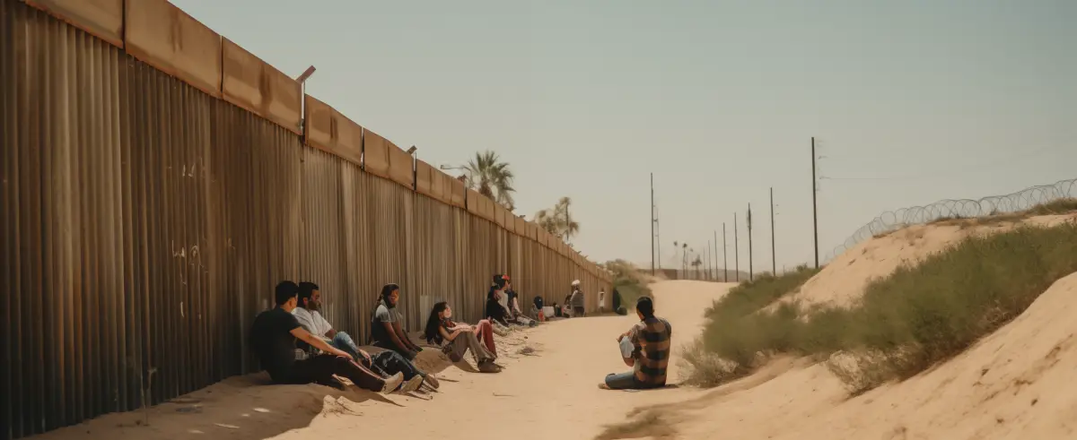 Asylum seeker family waiting beside the US border wall hoping to enter the United States