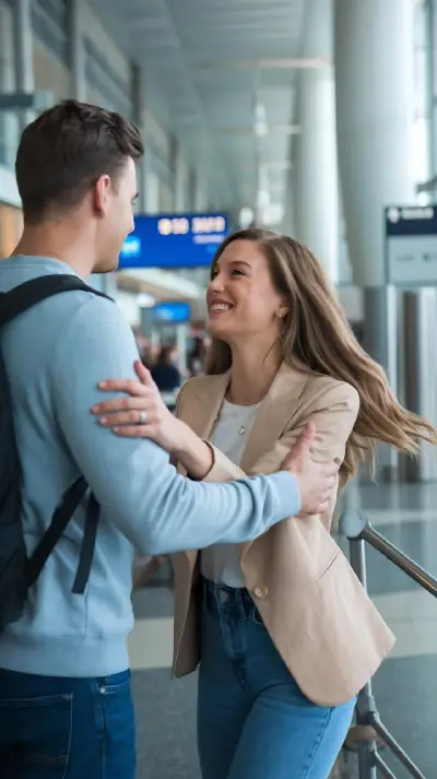 Airport terminal  beautiful couple reunite at the arrivals intending to marry through a K-1 Fiancé Visa