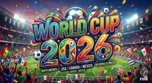 Ai image of the World Cup 2026. Colorful and show the text of _World Cup 2026_ with a football stadium with many different flags and and fans