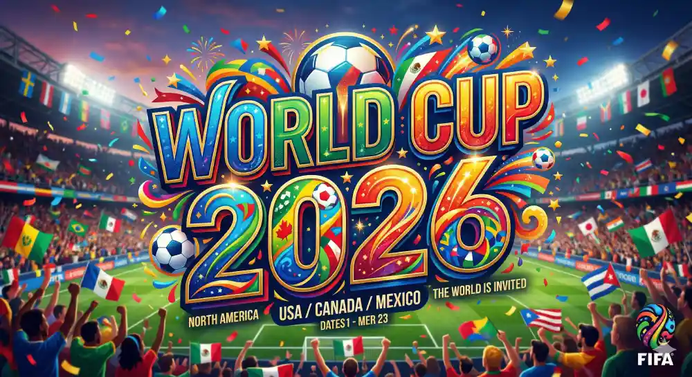 FIFA World Cup 2026 colorful stadium banner featuring soccer ball, confetti and host nations USA, Canada and Mexico with dates