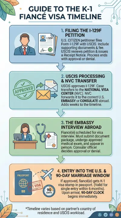 Inforgraphic summarizing  Breakdown of the K-1 Visa Timeline