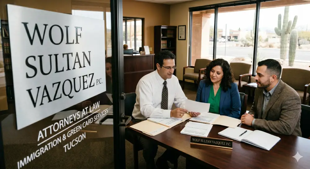 Green card lawyers Tucson showing Tarik Sultan consulting with 2 clients at a desk