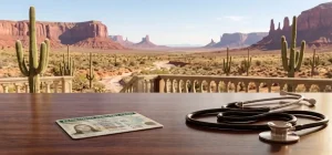 Stethoscope and green card on a table in the desert