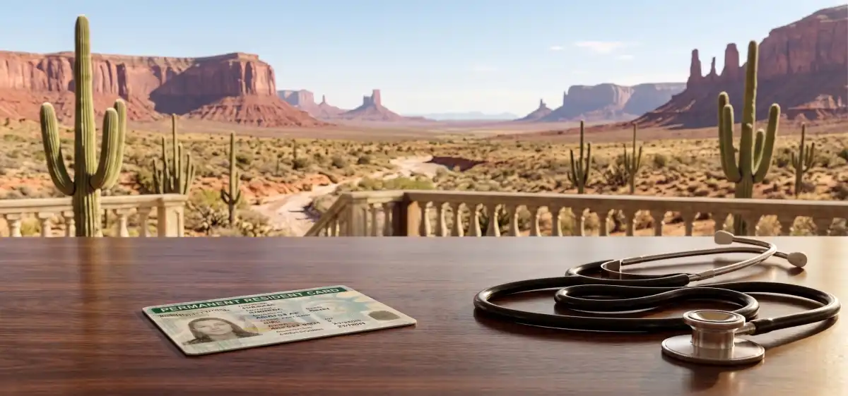 Stethoscope and green card on a table in the desert